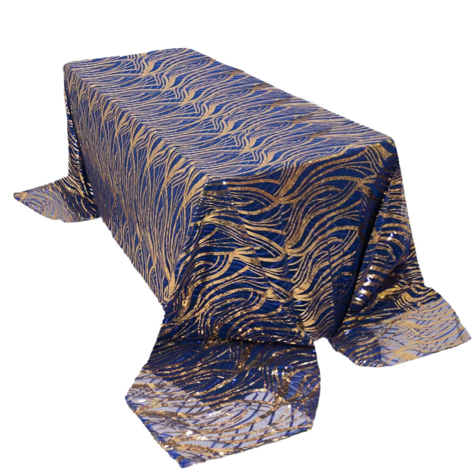 Mesh 90"x156" Rectangle Tablecloth Royal Blue/Gold - Wave Sequin Embroidered Table Cover - Bell Racket Store