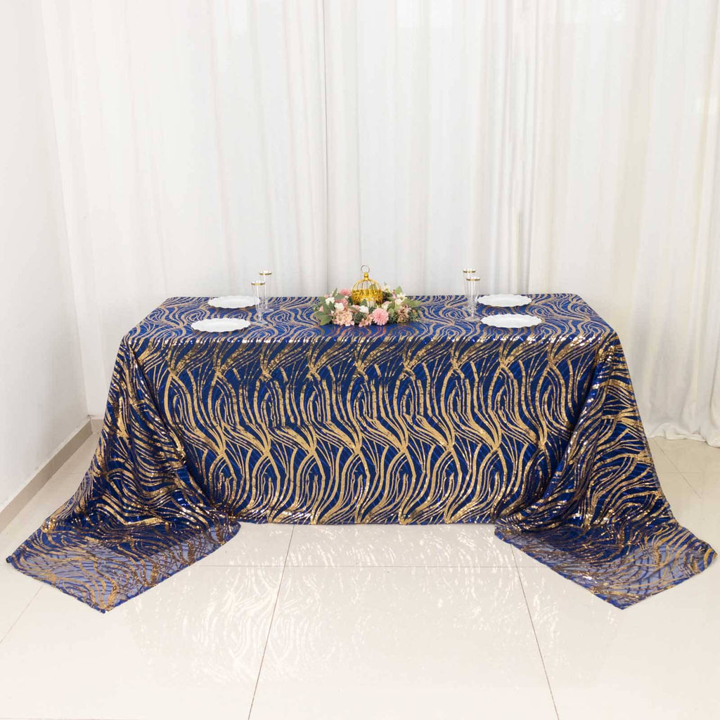 Mesh 90"x156" Rectangle Tablecloth Royal Blue/Gold - Wave Sequin Embroidered Table Cover - Bell Racket Store