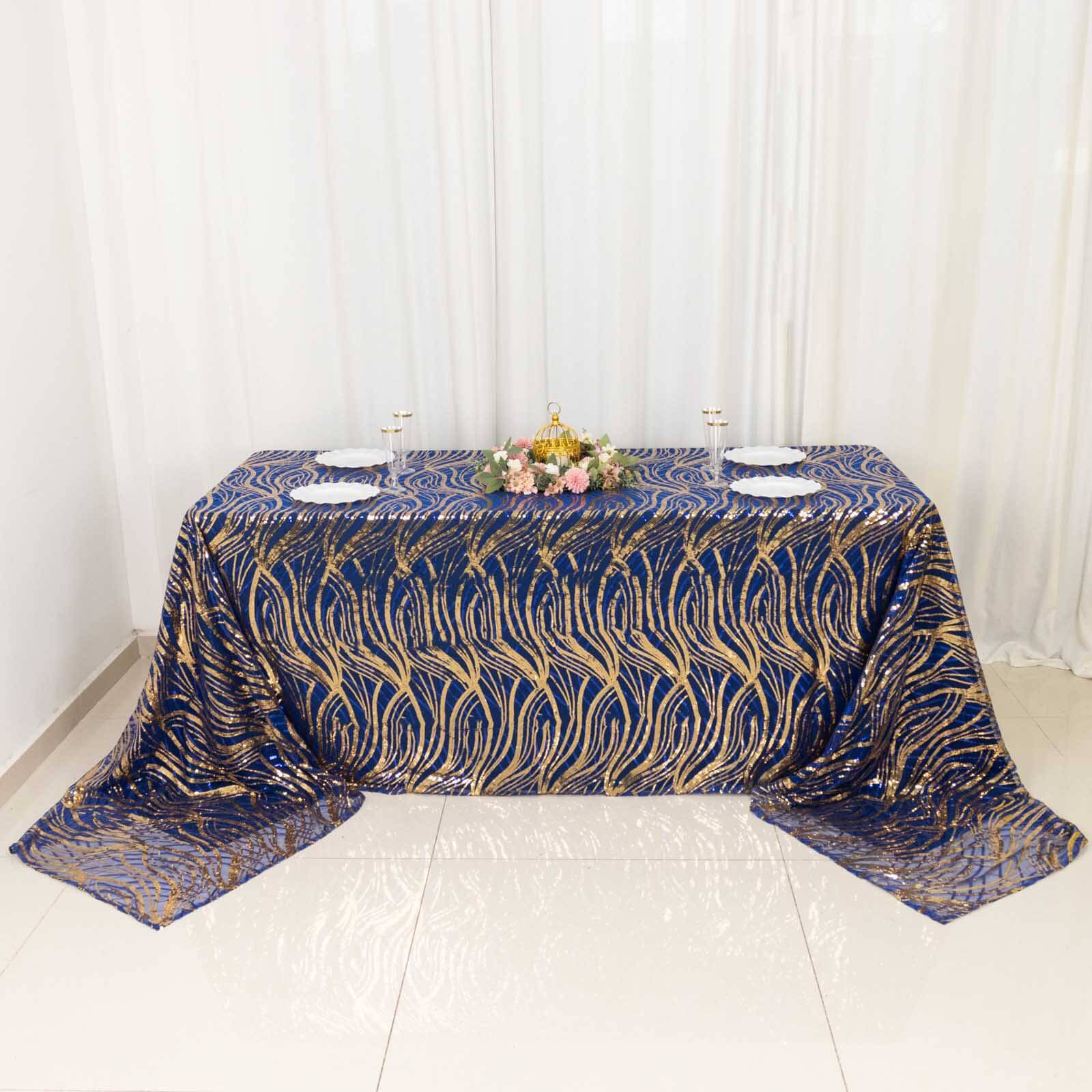 Mesh 90"x156" Rectangle Tablecloth Royal Blue/Gold - Wave Sequin Embroidered Table Cover - Bell Racket Store