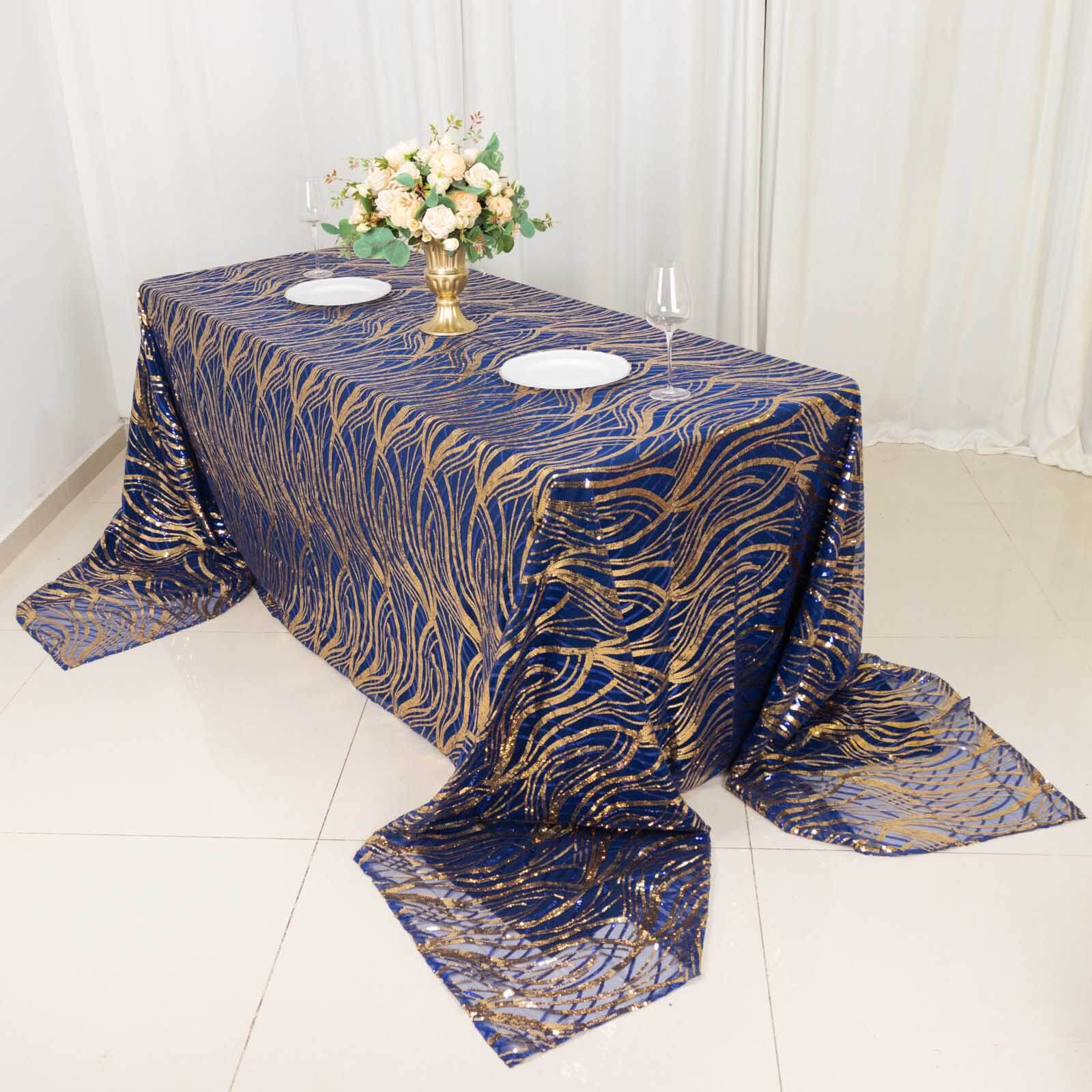 Mesh 90"x156" Rectangle Tablecloth Royal Blue/Gold - Wave Sequin Embroidered Table Cover - Bell Racket Store