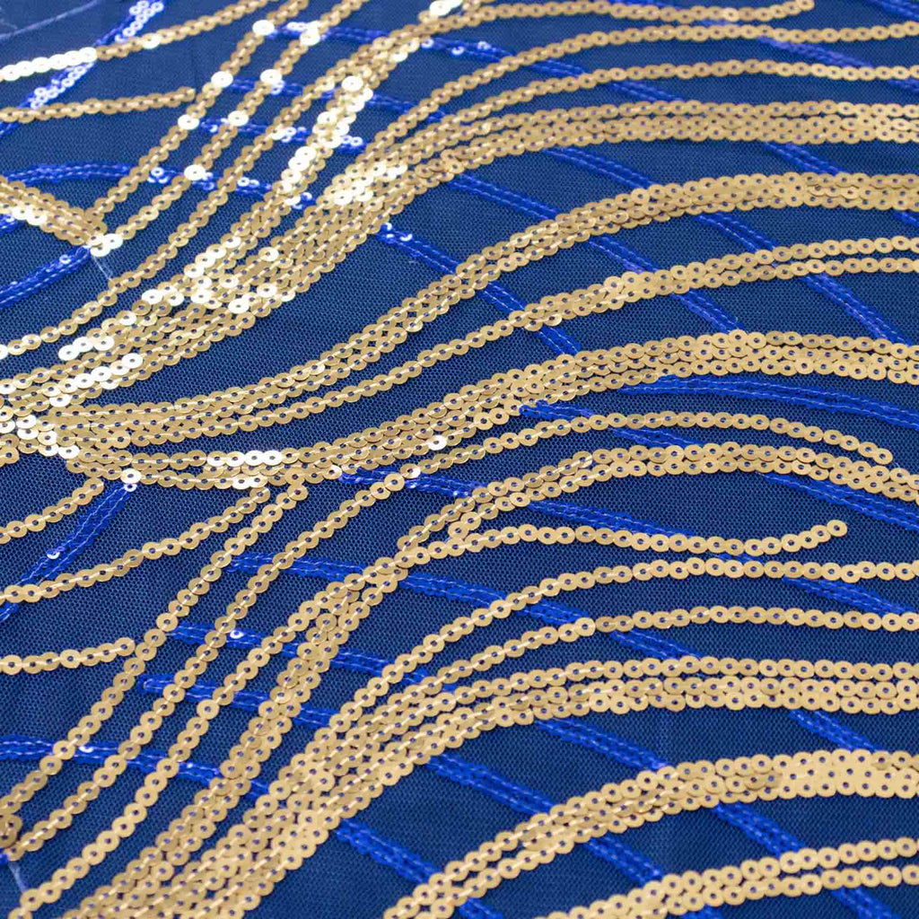Mesh 90"x156" Rectangle Tablecloth Royal Blue/Gold - Wave Sequin Embroidered Table Cover - Bell Racket Store