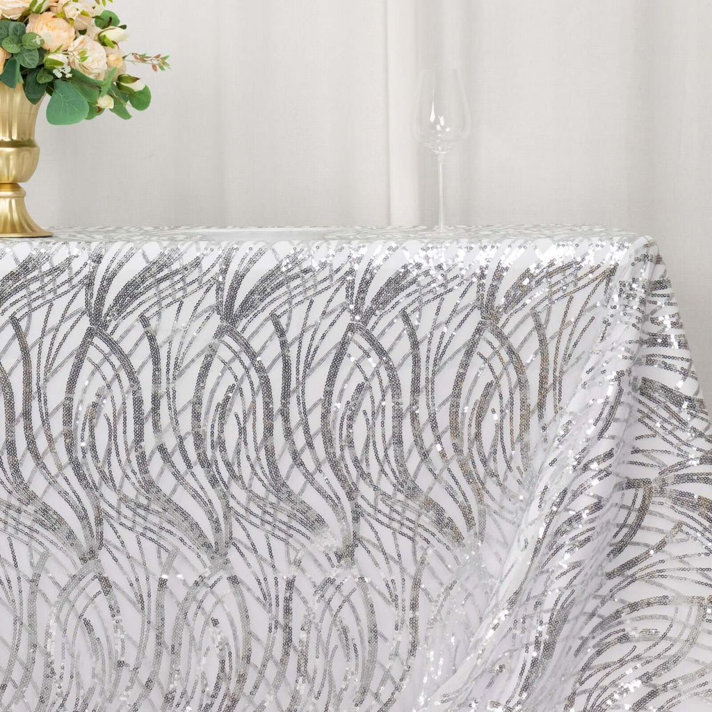 Mesh 90"x156" Rectangle Tablecloth Silver - Wave Sequin Embroidered Table Cover - Bell Racket Store