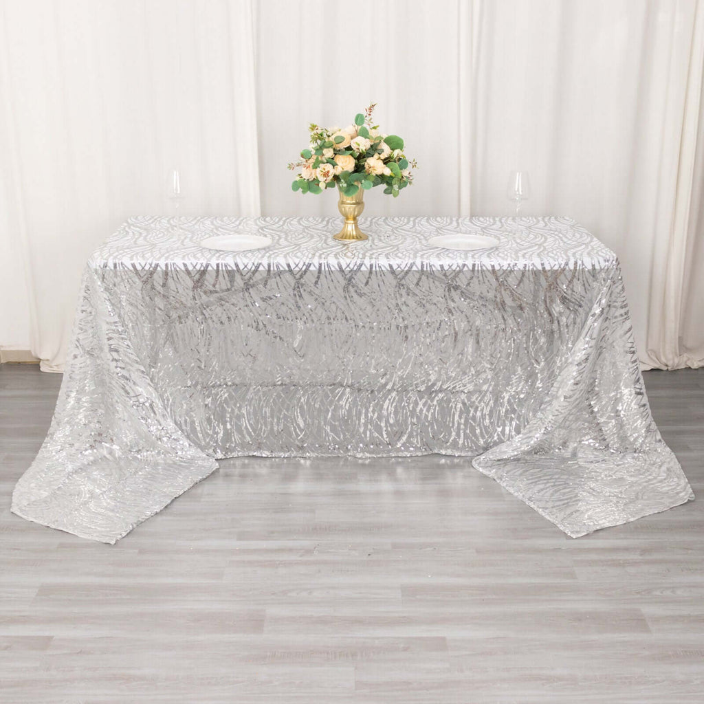 Mesh 90"x156" Rectangle Tablecloth Silver - Wave Sequin Embroidered Table Cover - Bell Racket Store