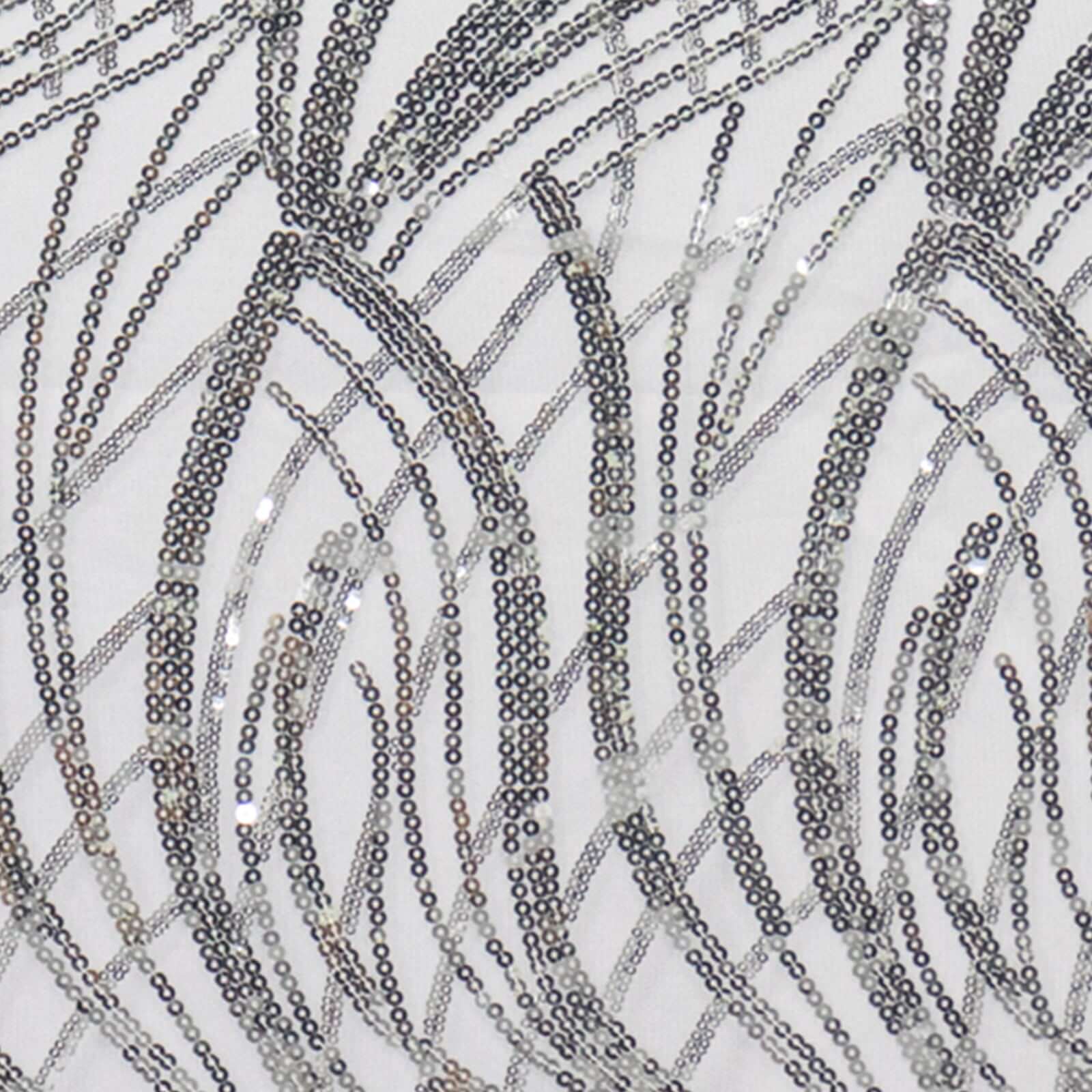 Mesh 90"x156" Rectangle Tablecloth Silver - Wave Sequin Embroidered Table Cover - Bell Racket Store