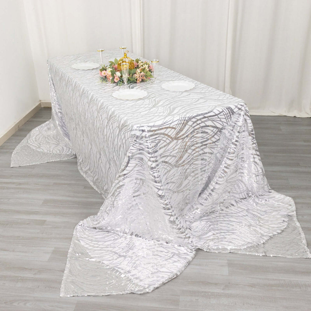 Mesh 90"x156" Rectangle Tablecloth Silver - Wave Sequin Embroidered Table Cover - Bell Racket Store