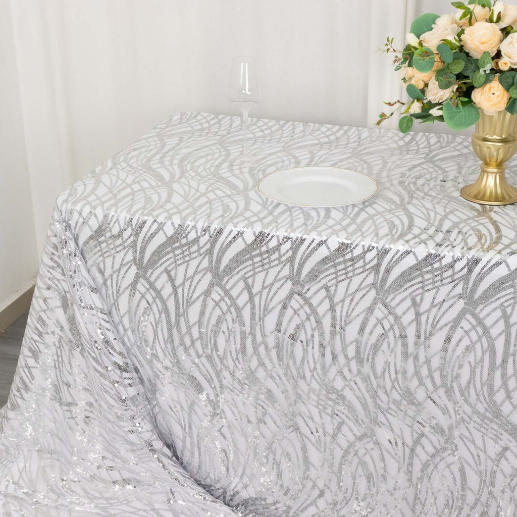Mesh 90"x156" Rectangle Tablecloth Silver - Wave Sequin Embroidered Table Cover - Bell Racket Store
