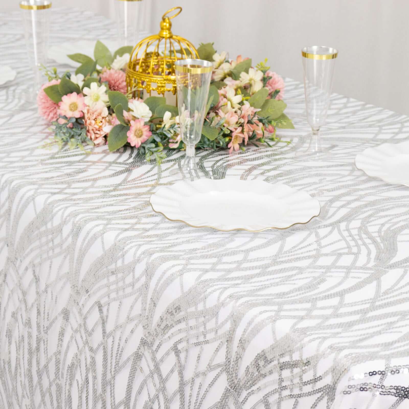 Mesh 90"x156" Rectangle Tablecloth Silver - Wave Sequin Embroidered Table Cover - Bell Racket Store