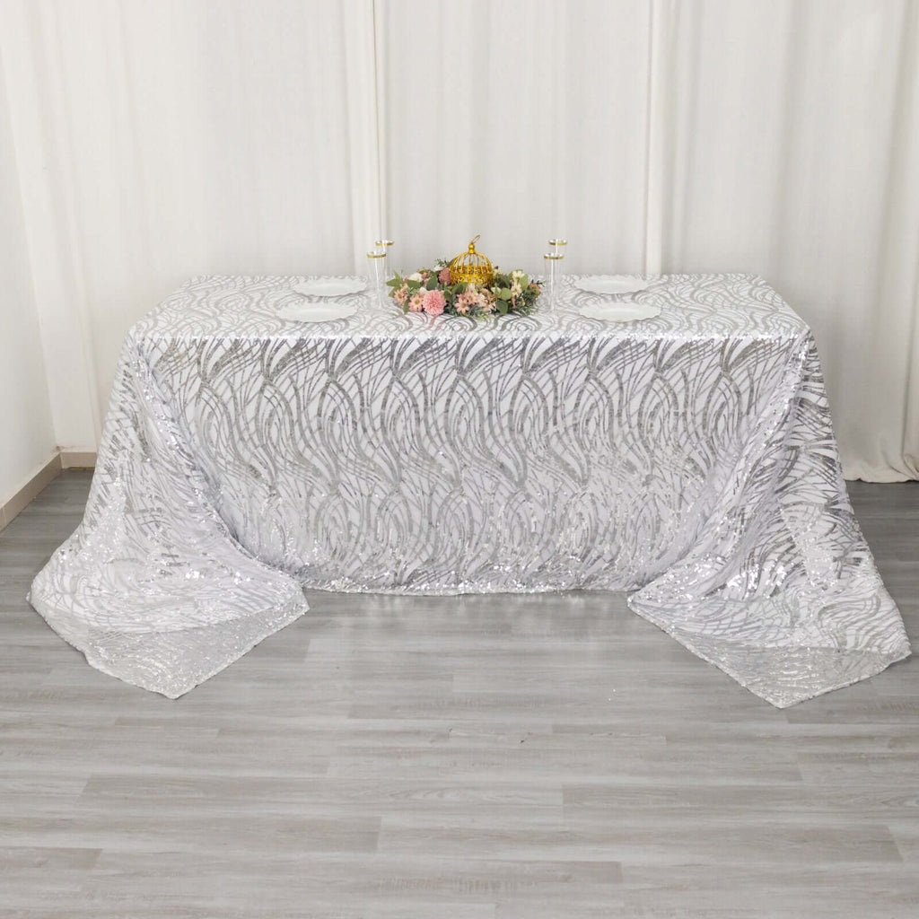 Mesh 90"x156" Rectangle Tablecloth Silver - Wave Sequin Embroidered Table Cover - Bell Racket Store
