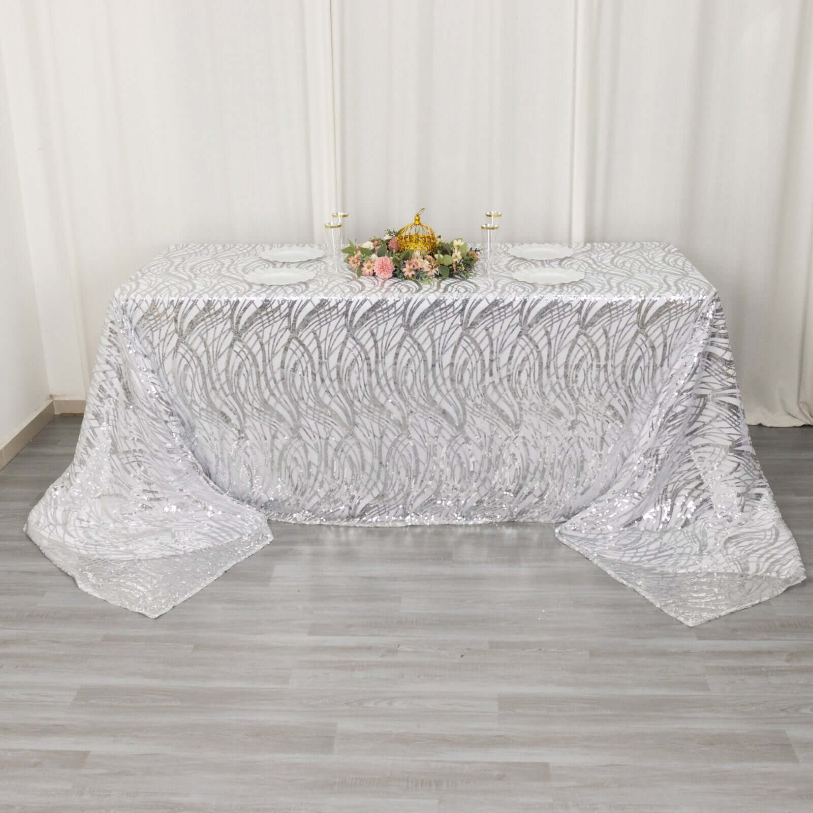 Mesh 90"x156" Rectangle Tablecloth Silver - Wave Sequin Embroidered Table Cover - Bell Racket Store