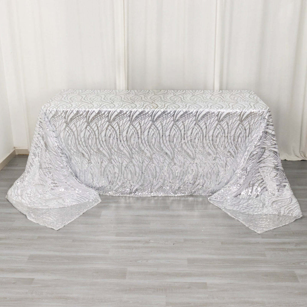 Mesh 90"x156" Rectangle Tablecloth Silver - Wave Sequin Embroidered Table Cover - Bell Racket Store