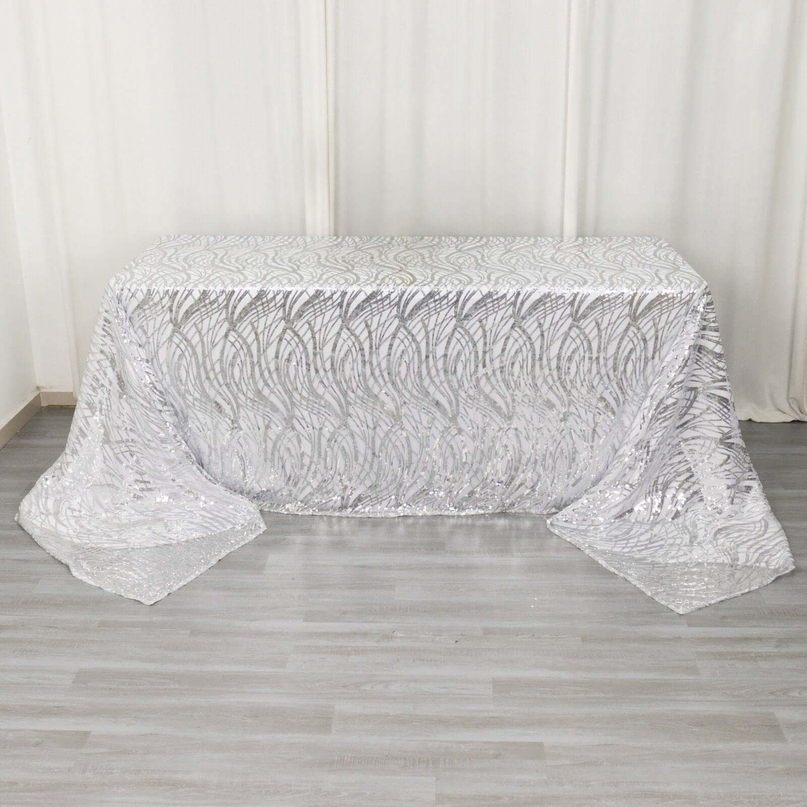 Mesh 90"x156" Rectangle Tablecloth Silver - Wave Sequin Embroidered Table Cover - Bell Racket Store