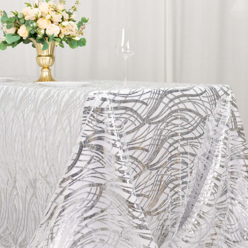 Mesh 90"x156" Rectangle Tablecloth Silver - Wave Sequin Embroidered Table Cover - Bell Racket Store