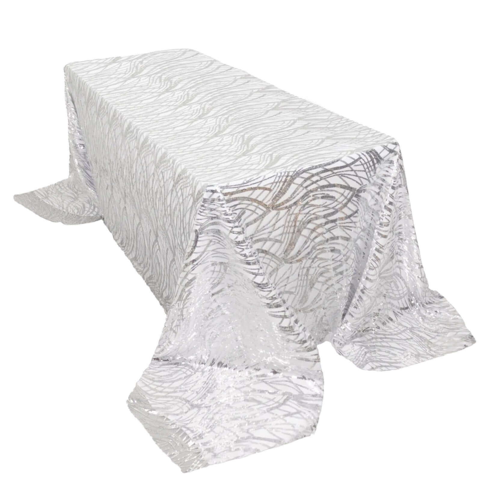 Mesh 90"x156" Rectangle Tablecloth Silver - Wave Sequin Embroidered Table Cover - Bell Racket Store