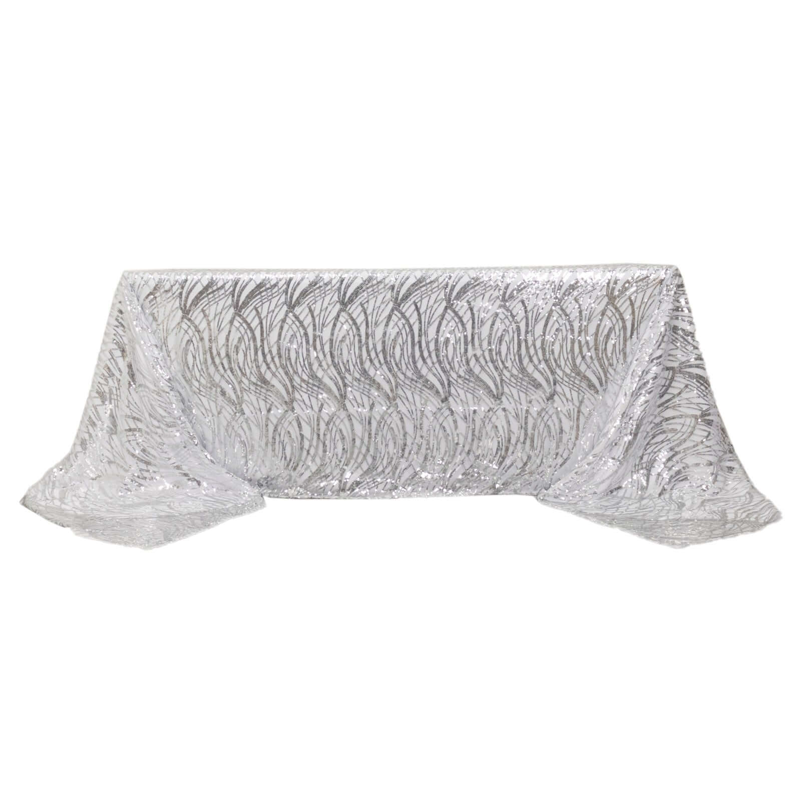 Mesh 90"x156" Rectangle Tablecloth Silver - Wave Sequin Embroidered Table Cover - Bell Racket Store