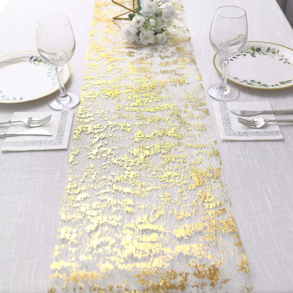 Mesh Polyester 108" Table Runner Roll Metallic Gold Distressed Foil Printing Design - Disposable Stylish Party Table Decor - Bell Racket Store