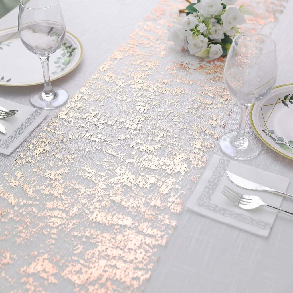 Mesh Polyester 108" Table Runner Roll Metallic Rose Gold - Distressed Foil Look Disposable Table Decor - Bell Racket Store