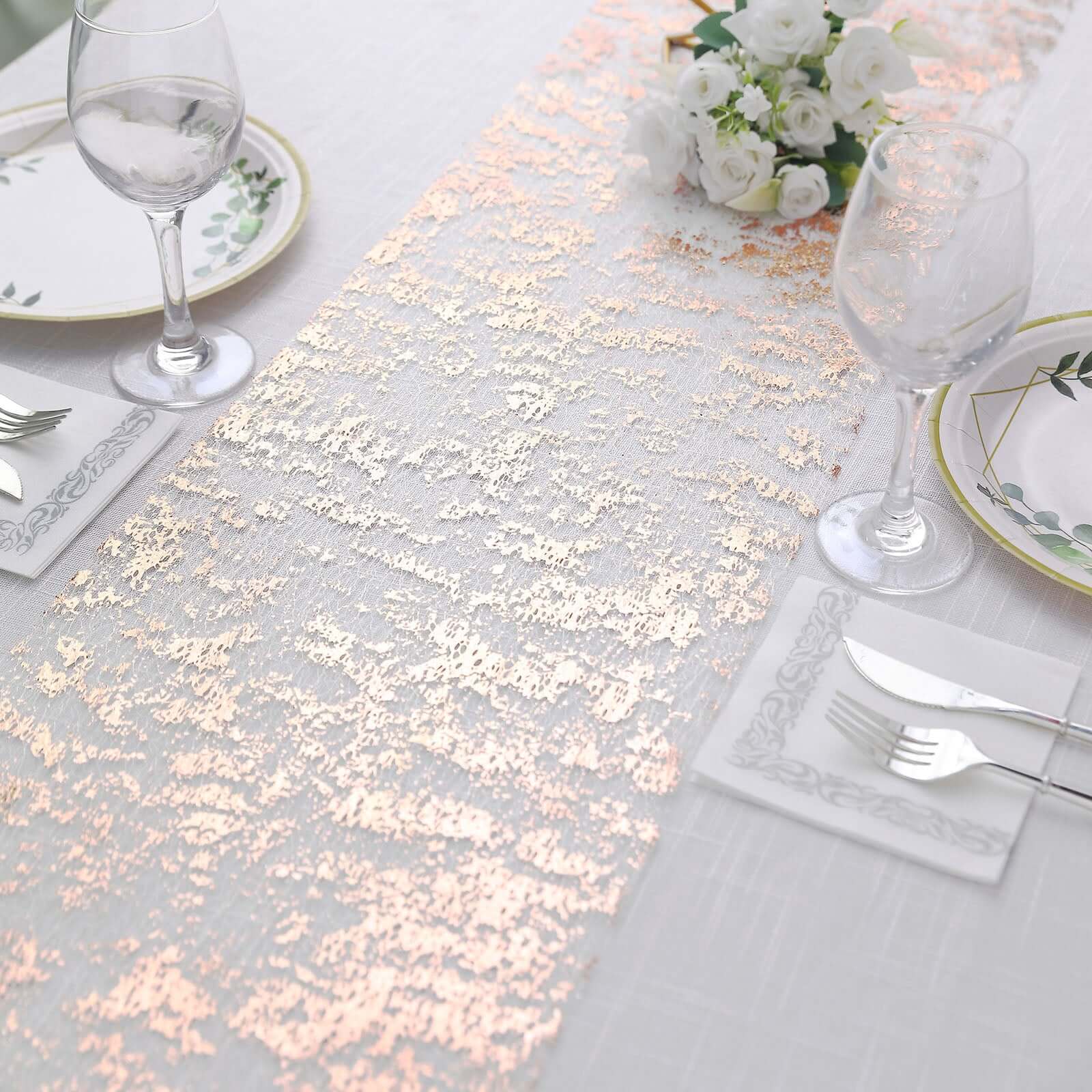 Mesh Polyester 108" Table Runner Roll Metallic Rose Gold - Distressed Foil Look Disposable Table Decor - Bell Racket Store