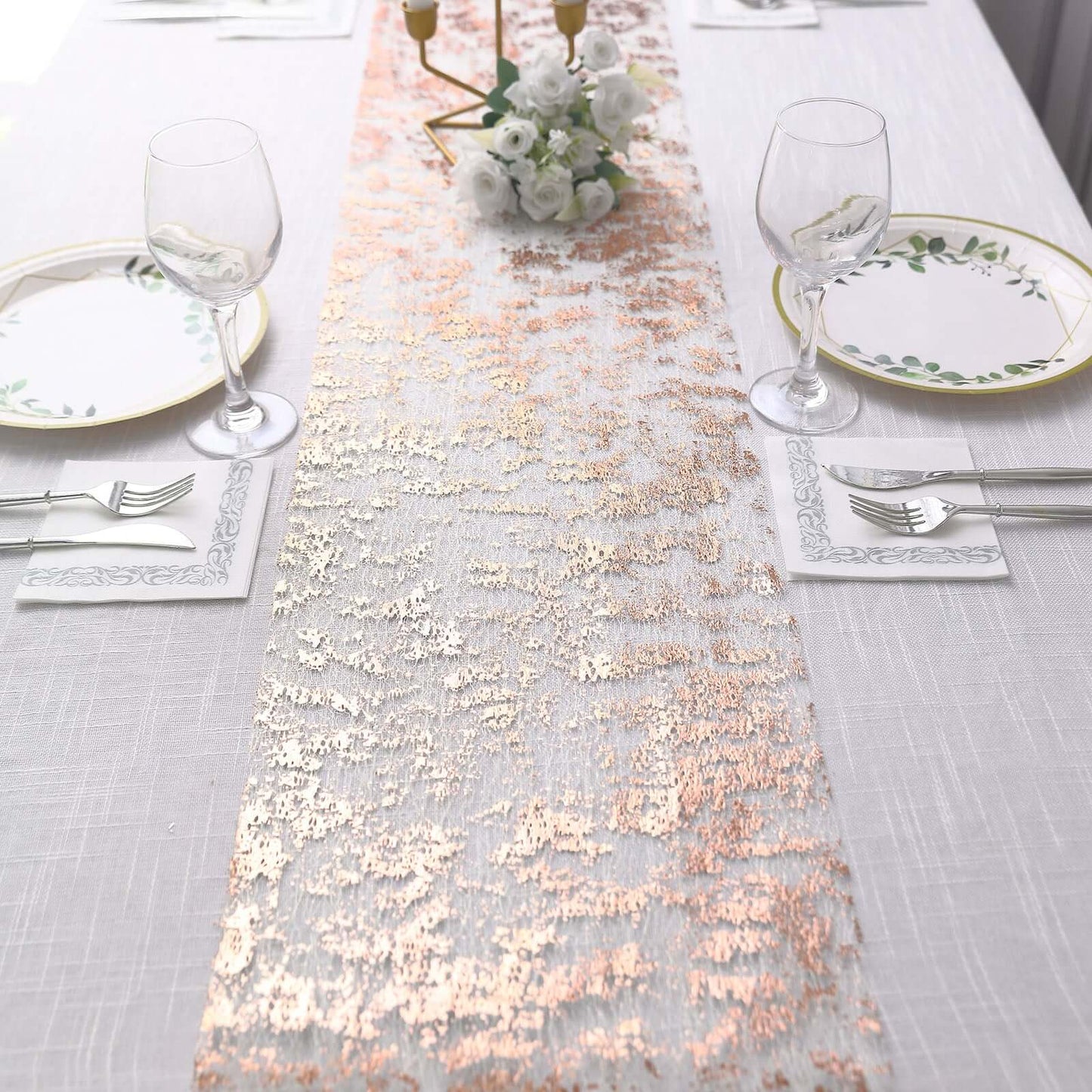 Mesh Polyester 108" Table Runner Roll Metallic Rose Gold - Distressed Foil Look Disposable Table Decor - Bell Racket Store