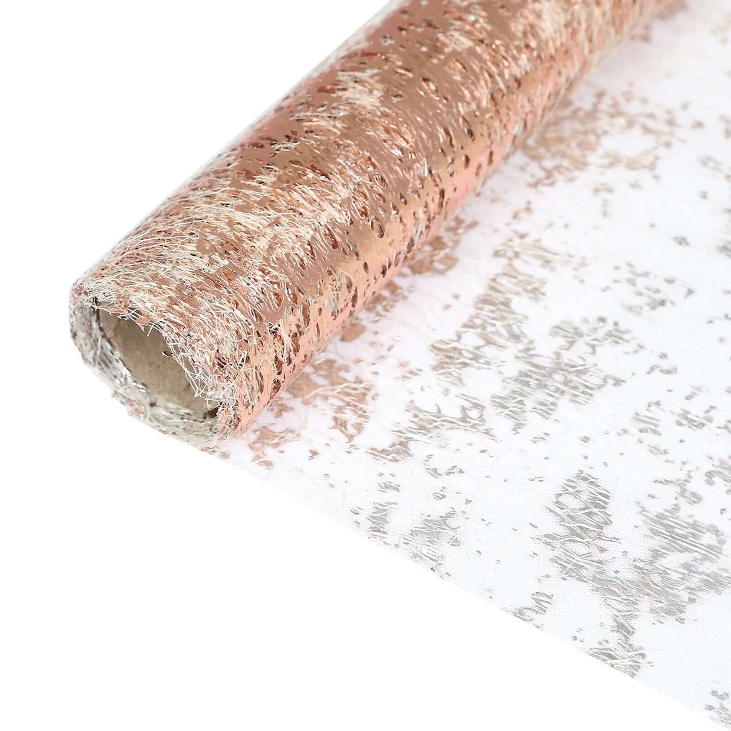 Mesh Polyester 108" Table Runner Roll Metallic Rose Gold - Distressed Foil Look Disposable Table Decor - Bell Racket Store