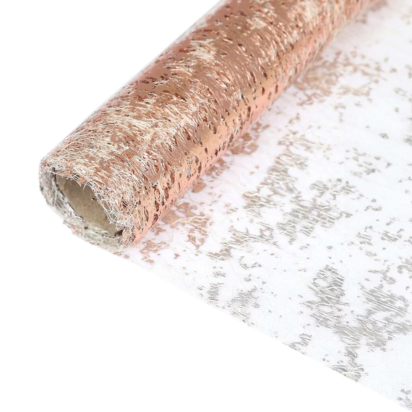 Mesh Polyester 108" Table Runner Roll Metallic Rose Gold - Distressed Foil Look Disposable Table Decor - Bell Racket Store