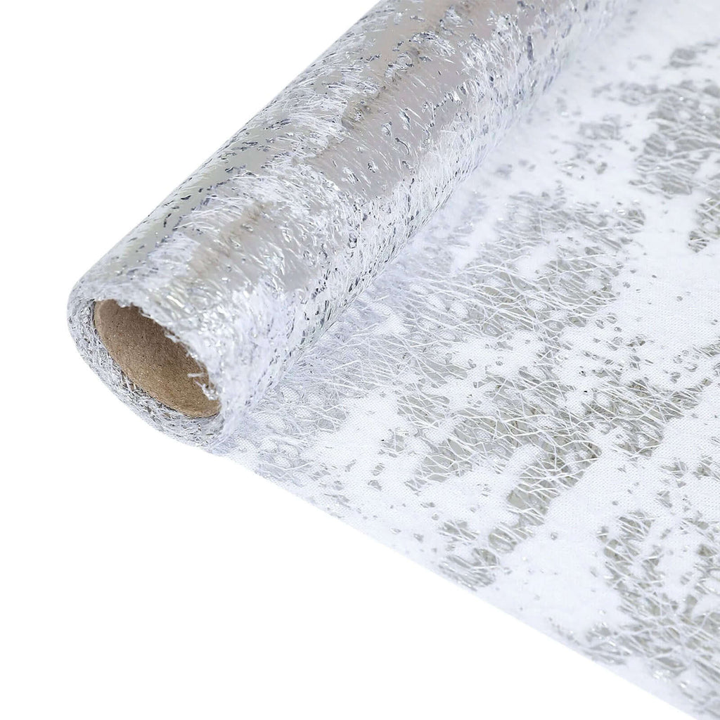Mesh Polyester 108" Table Runner Roll Metallic Silver - Distressed Foil Look Disposable Table Decor - Bell Racket Store