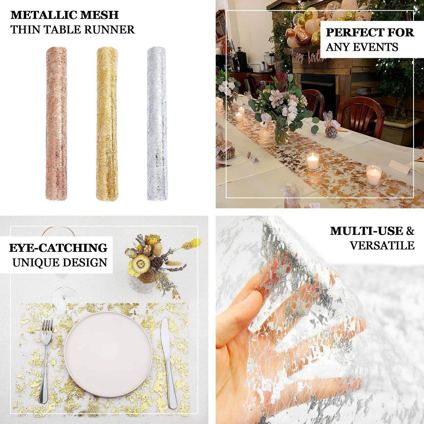 Mesh Polyester 108" Table Runner Roll Metallic Silver - Distressed Foil Look Disposable Table Decor - Bell Racket Store