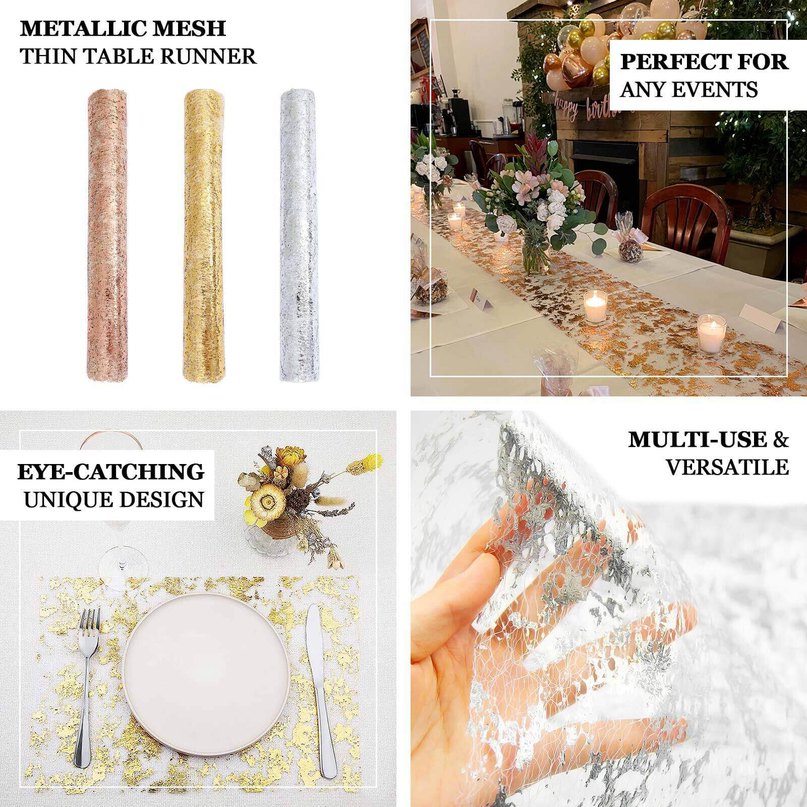 Mesh Polyester 108" Table Runner Roll Metallic Silver - Distressed Foil Look Disposable Table Decor - Bell Racket Store