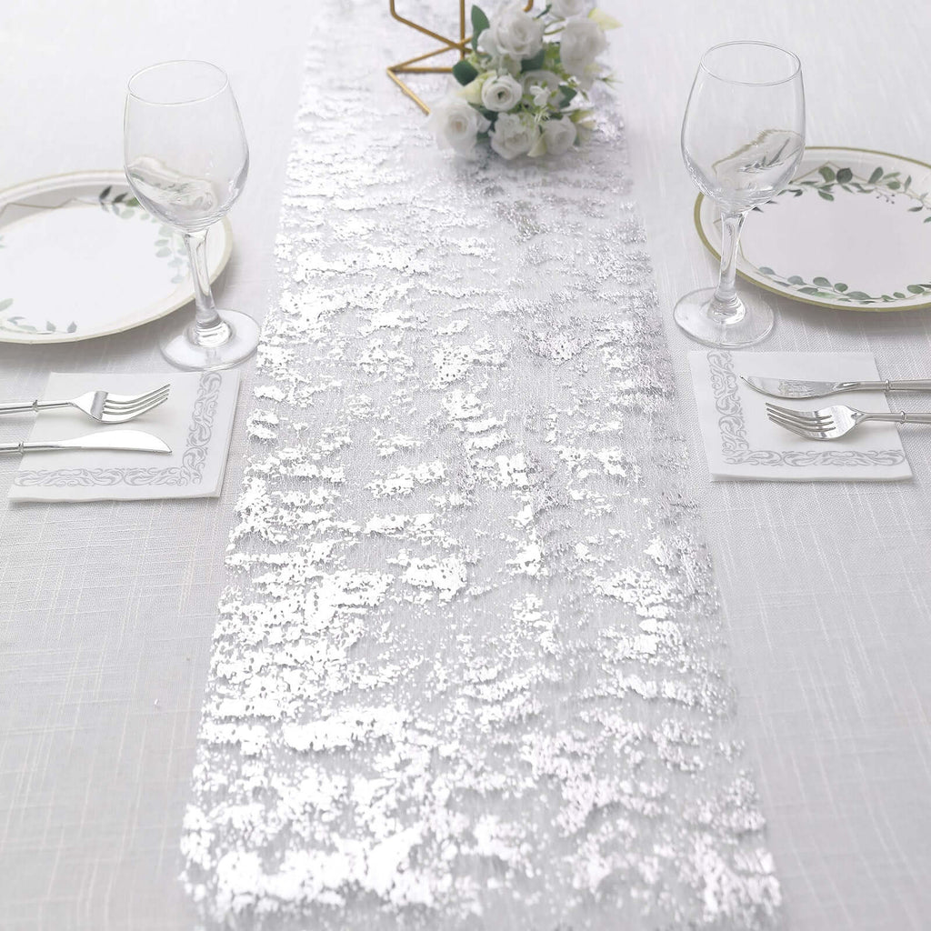 Mesh Polyester 108" Table Runner Roll Metallic Silver - Distressed Foil Look Disposable Table Decor - Bell Racket Store