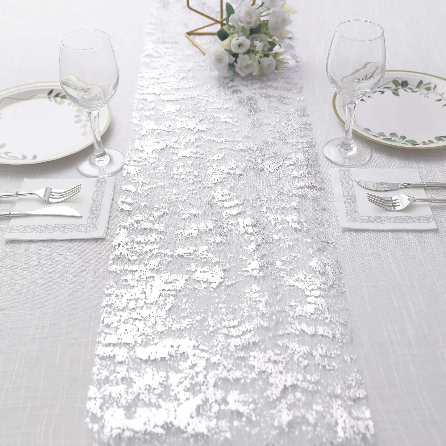 Mesh Polyester 108" Table Runner Roll Metallic Silver - Distressed Foil Look Disposable Table Decor - Bell Racket Store
