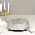 Metal 14" Round Cake Pedestal Stand Matte Silver - Cupcake Dessert Display Riser with Intricate Embossed Design for Upscale Events & Gatherings
