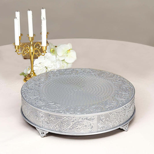 Metal 22" Round Cake Pedestal Stand Matte Silver - Cupcake Dessert Display Riser with Intricate Embossed Design for Upscale Events & Gatherings - NestOCart