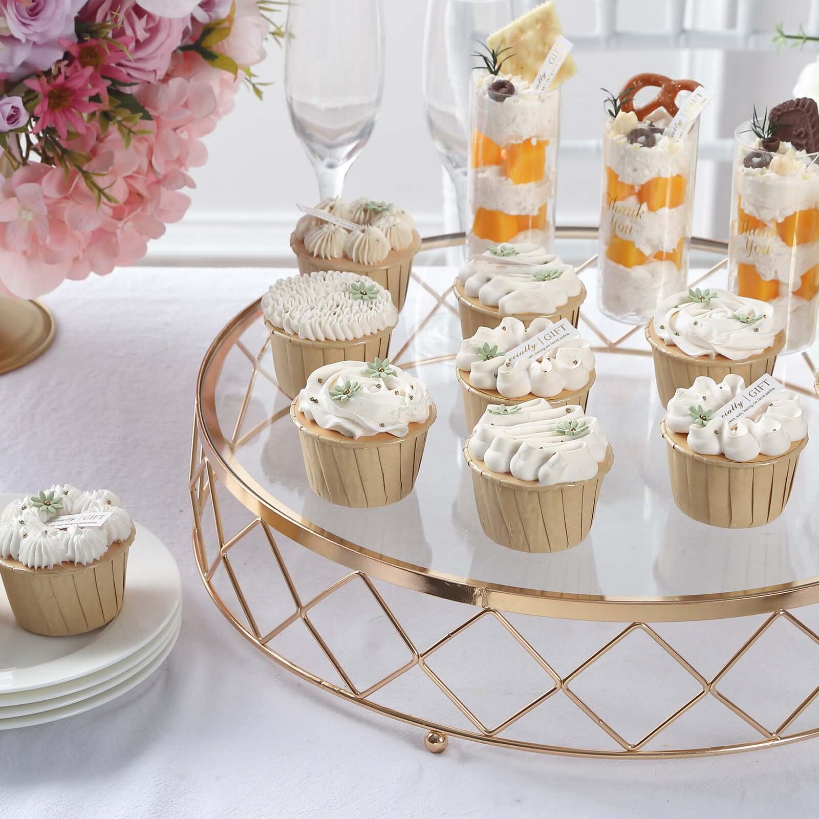 Metal Cake Stand Geometric Diamond Cut Design Gold with Glass Top - Dessert Display Riser 14" - Bell Racket Store