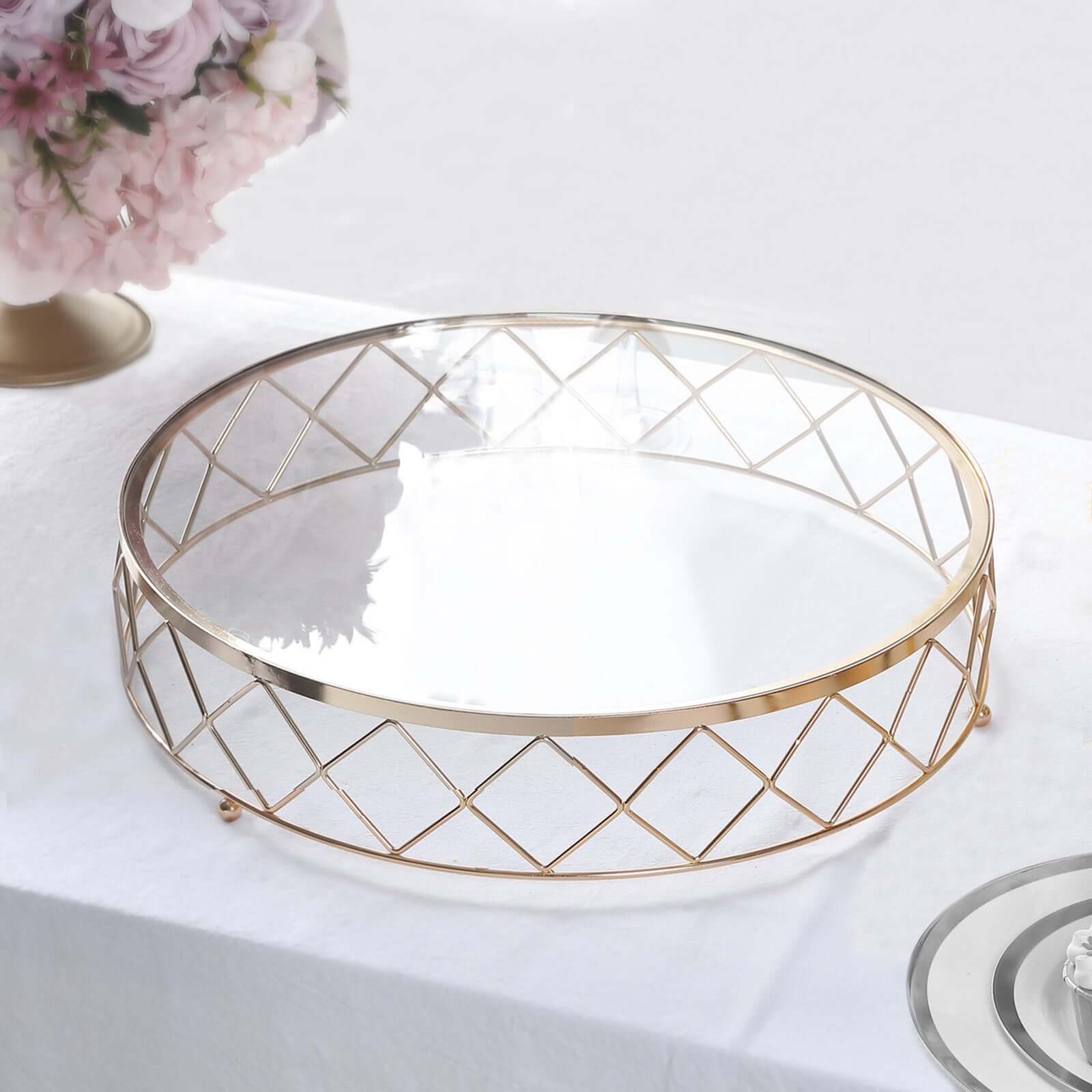 Metal Cake Stand Geometric Diamond Cut Design Gold with Glass Top - Dessert Display Riser 14" - Bell Racket Store