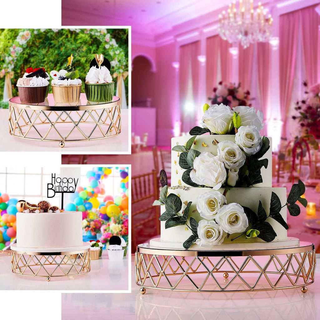 Metal Cake Stand Geometric Diamond Cut Design Gold with Glass Top - Dessert Display Riser 14" - Bell Racket Store