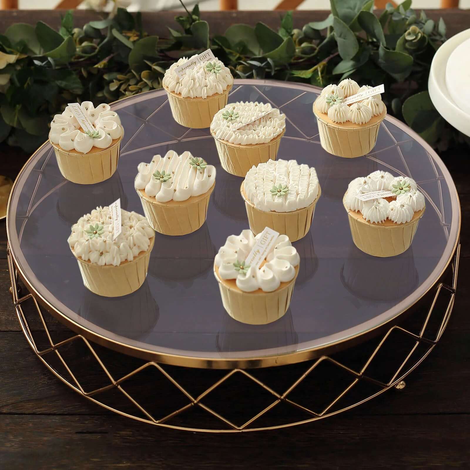 Metal Cake Stand Geometric Diamond Cut Design Gold with Glass Top - Dessert Display Riser 16" - Bell Racket Store