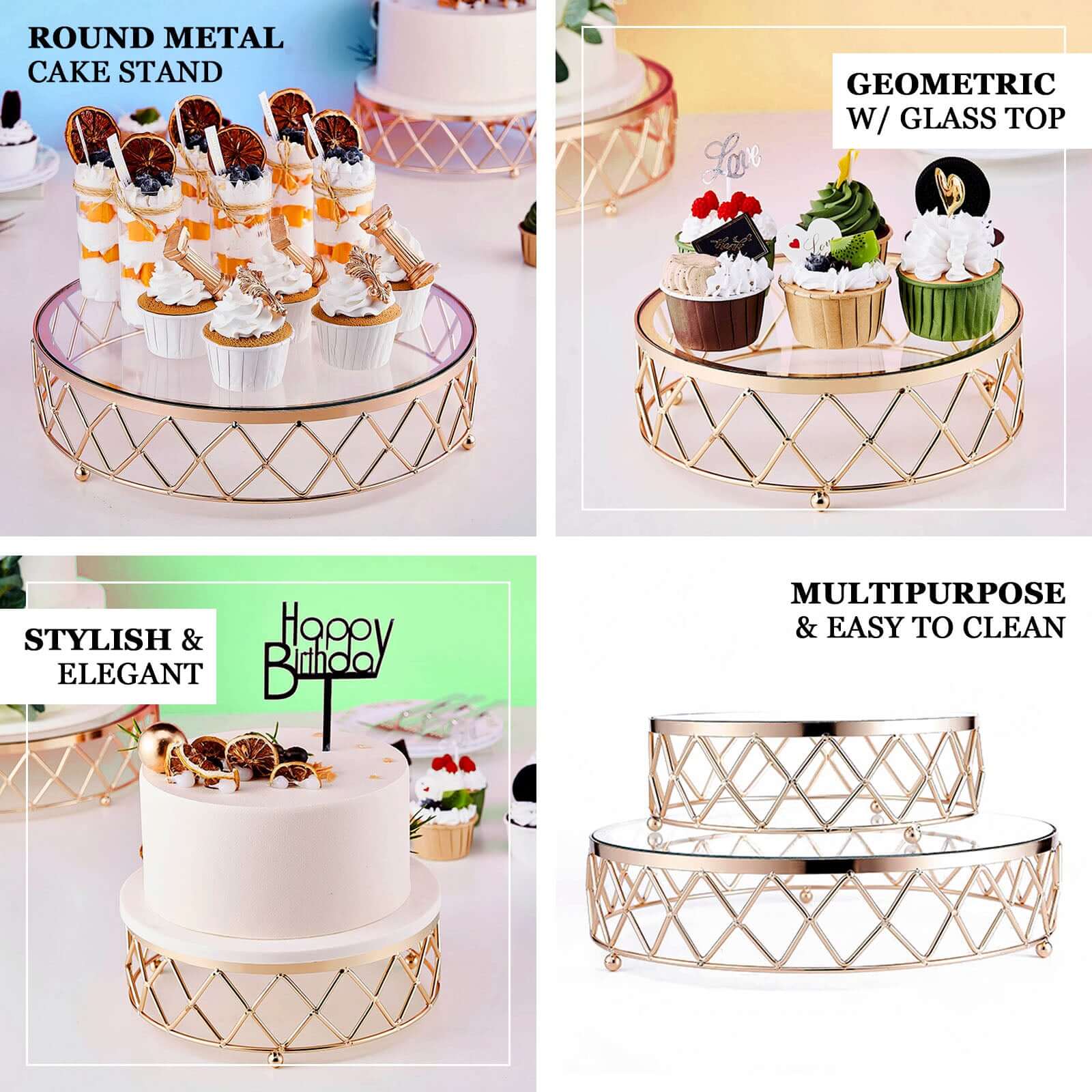 Metal Cake Stand Geometric Diamond Cut Design Gold with Glass Top - Dessert Display Riser 16" - Bell Racket Store