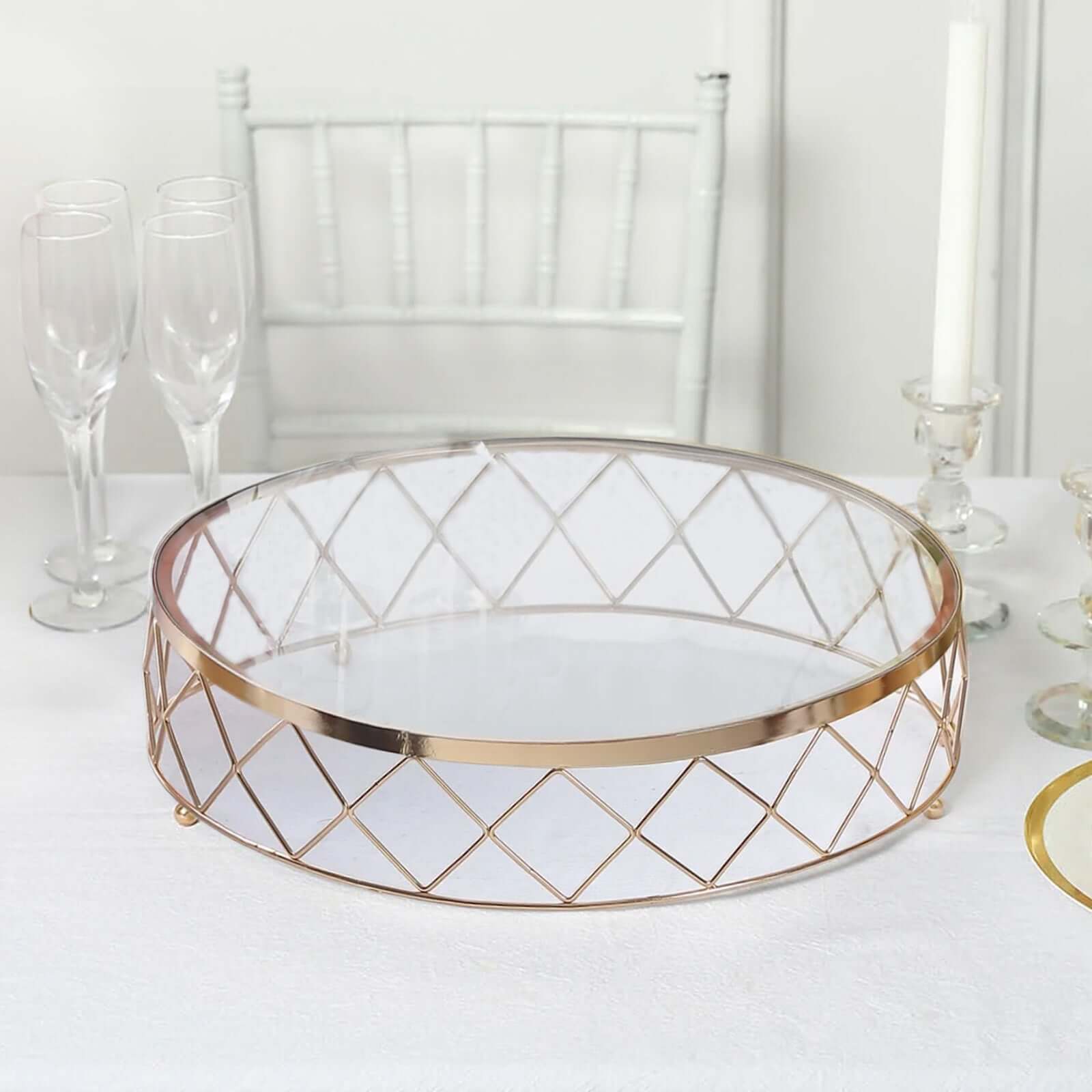 Metal Cake Stand Geometric Diamond Cut Design Gold with Glass Top - Dessert Display Riser 16" - Bell Racket Store