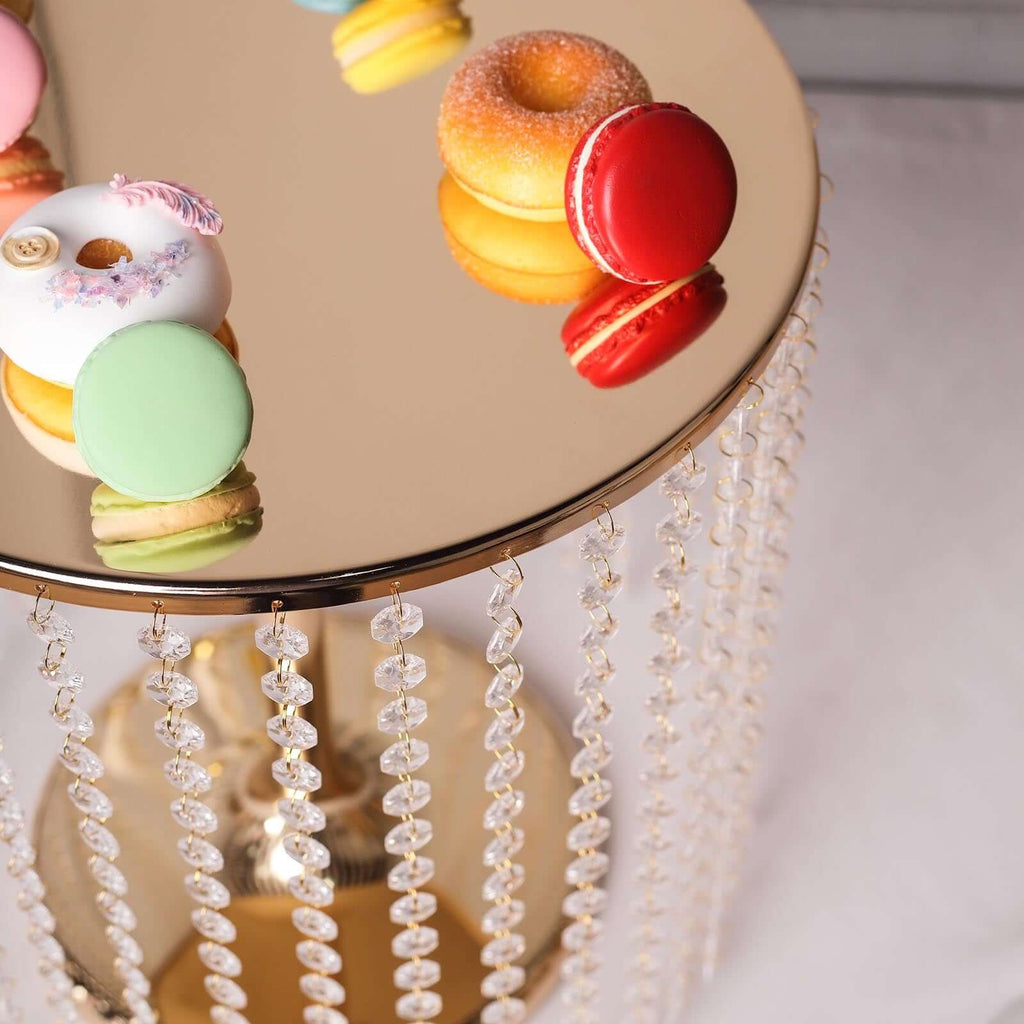 Metal Cake Stand Round Design Metallic Gold with Crystal Chains 14" Dia - Cupcake Dessert Pedestal 16"Tall - Bell Racket Store