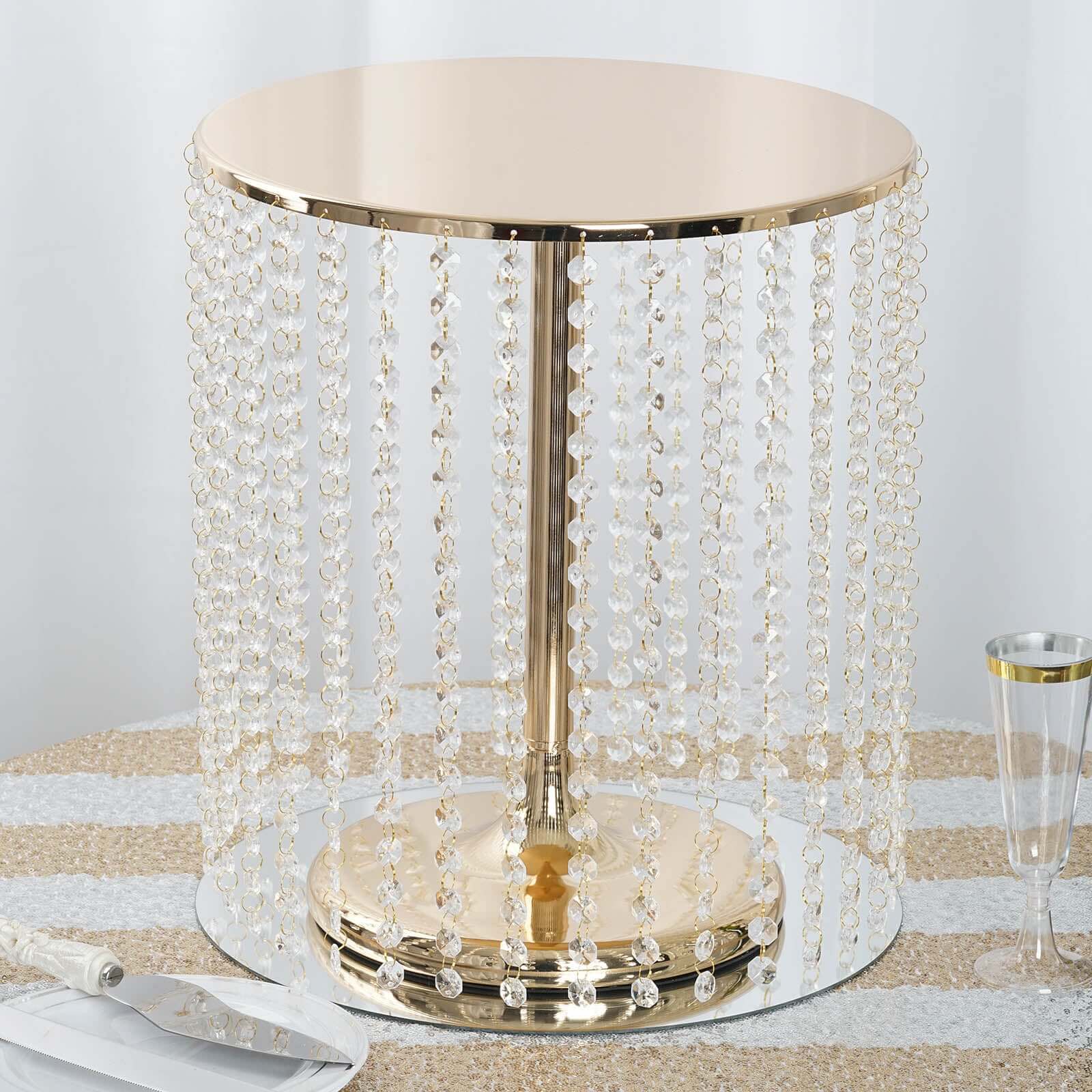Metal Cake Stand Round Design Metallic Gold with Crystal Chains 14" Dia - Cupcake Dessert Pedestal 16"Tall - Bell Racket Store