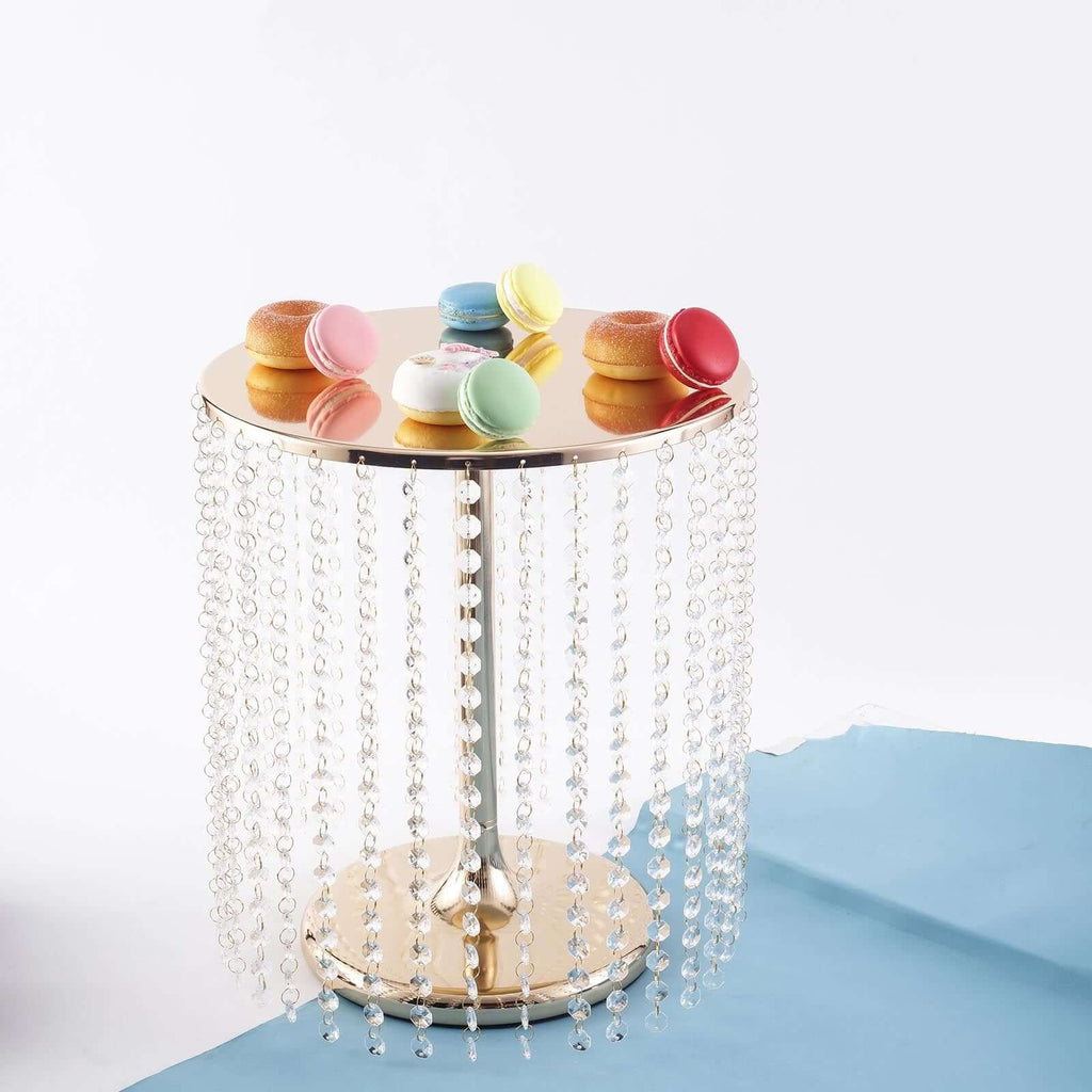 Metal Cake Stand Round Design Metallic Gold with Crystal Chains 14" Dia - Cupcake Dessert Pedestal 16"Tall - Bell Racket Store