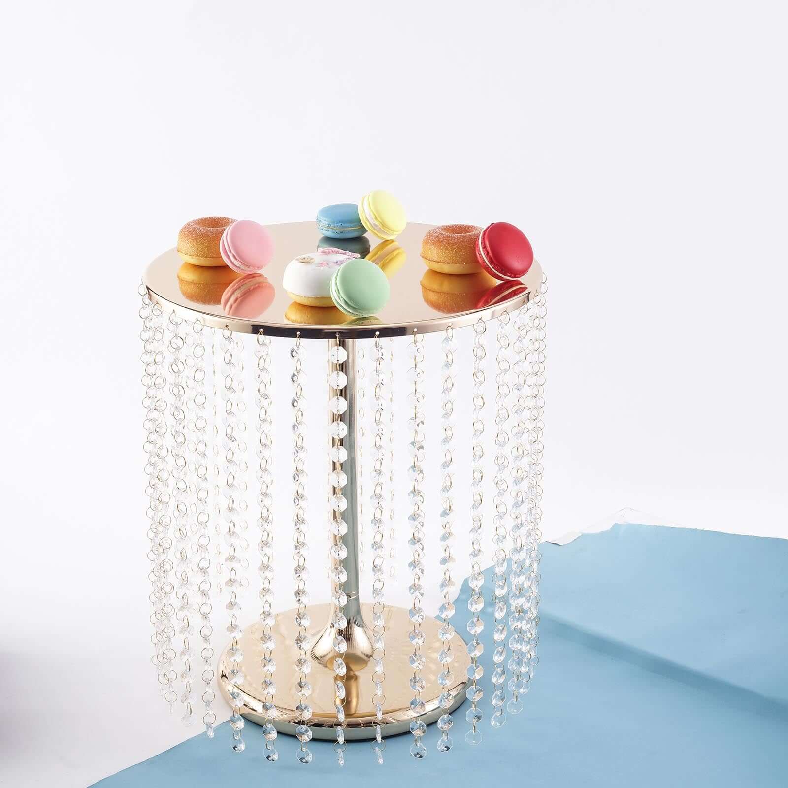 Metal Cake Stand Round Design Metallic Gold with Crystal Chains 14" Dia - Cupcake Dessert Pedestal 16"Tall - Bell Racket Store