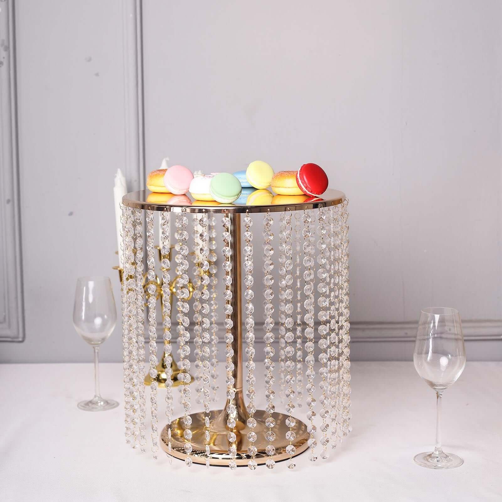 Metal Cake Stand Round Design Metallic Gold with Crystal Chains 14" Dia - Cupcake Dessert Pedestal 16"Tall - Bell Racket Store