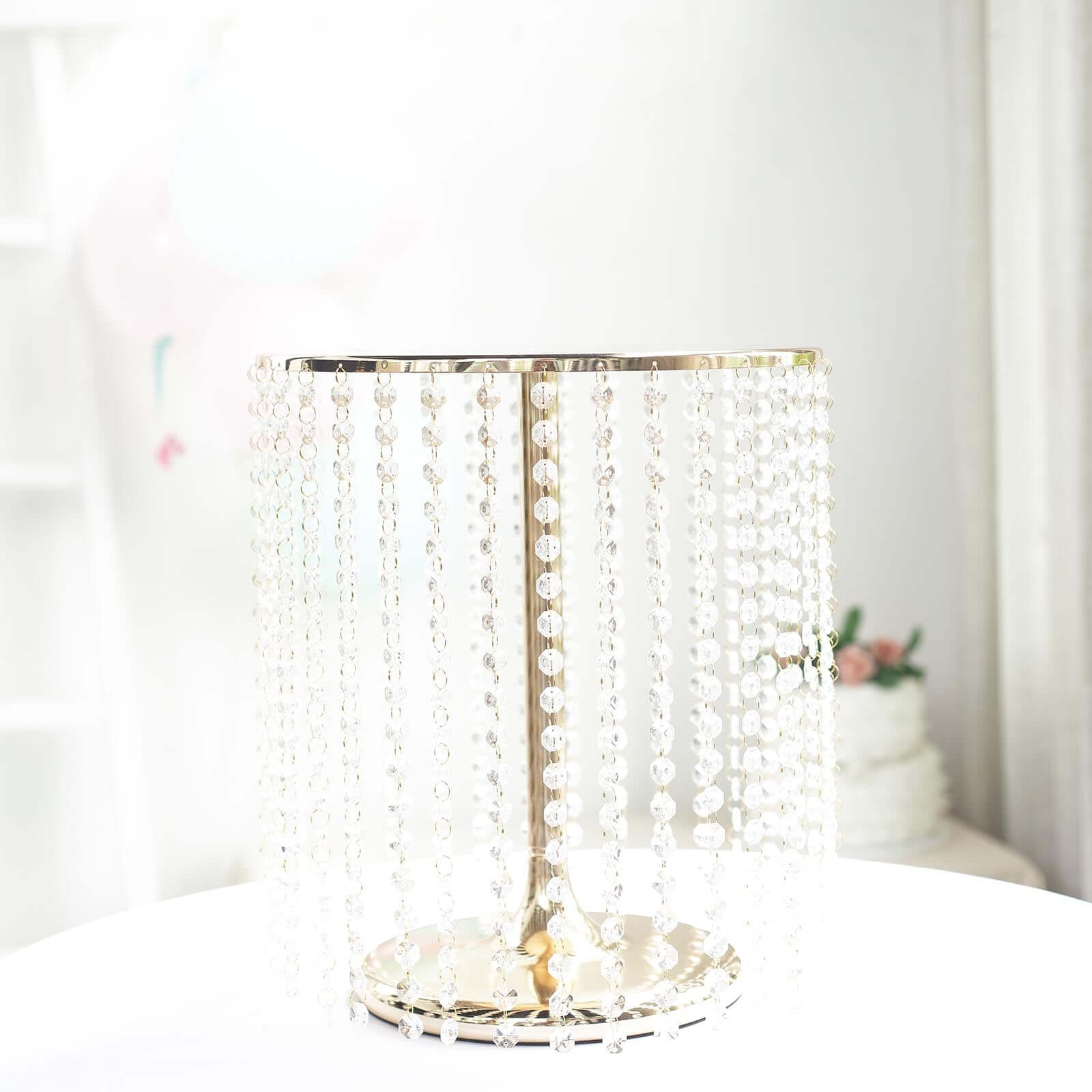 Metal Cake Stand Round Design Metallic Gold with Crystal Chains 14" Dia - Cupcake Dessert Pedestal 16"Tall - Bell Racket Store