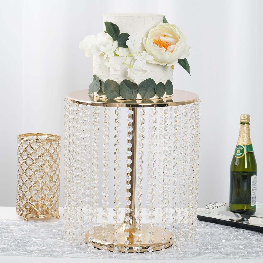 Metal Cake Stand Round Design Metallic Gold with Crystal Chains 14" Dia - Cupcake Dessert Pedestal 16"Tall - Bell Racket Store