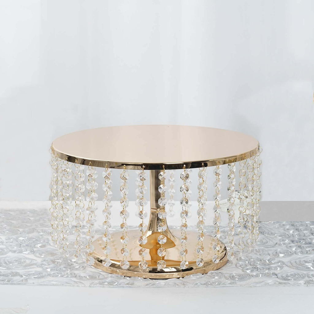 Metal Cake Stand Round Design Metallic Gold with Crystal Chains 14" Dia - Cupcake Dessert Pedestal 8" Tall