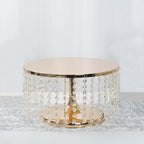 Metal Cake Stand Round Design Metallic Gold with Crystal Chains 14" Dia - Cupcake Dessert Pedestal 8" Tall