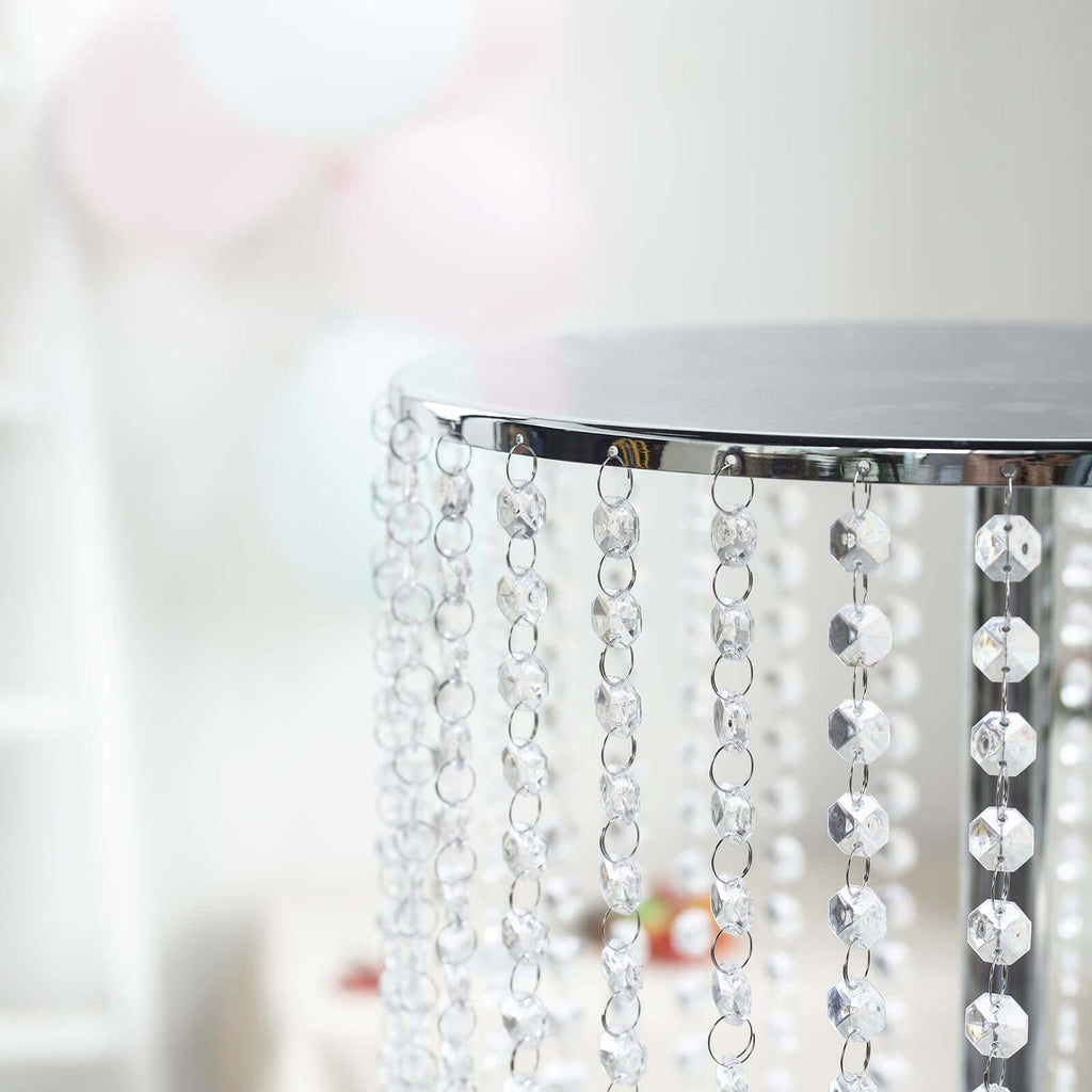Metal Cake Stand Round Design Metallic Silver with Crystal Chains 14" Dia - Cupcake Dessert Pedestal 16"Tall - Bell Racket Store