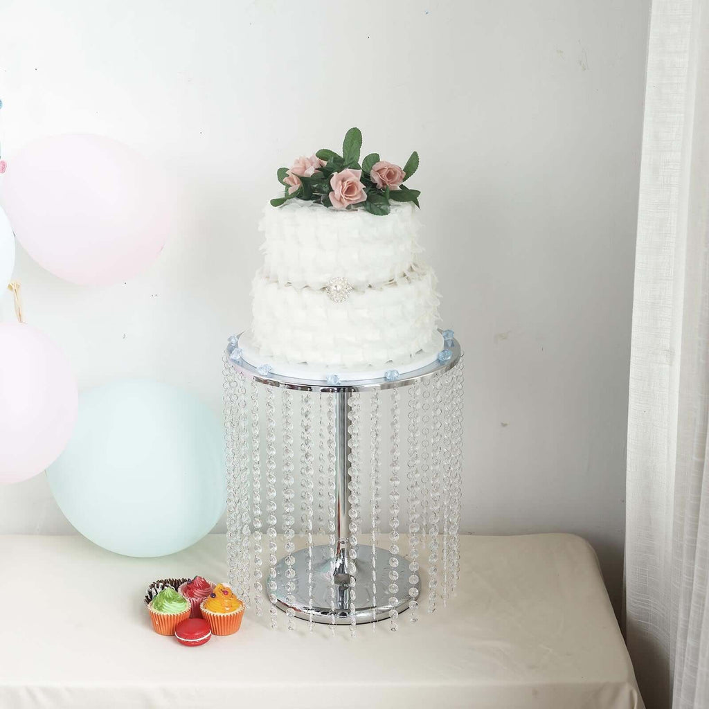 Metal Cake Stand Round Design Metallic Silver with Crystal Chains 14" Dia - Cupcake Dessert Pedestal 16"Tall - Bell Racket Store