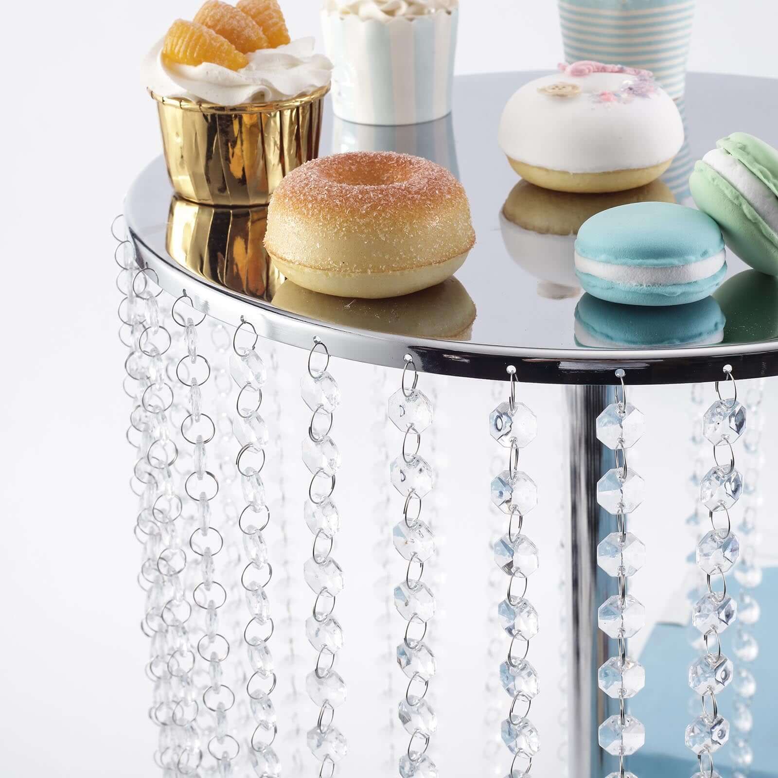 Metal Cake Stand Round Design Metallic Silver with Crystal Chains 14" Dia - Cupcake Dessert Pedestal 16"Tall - Bell Racket Store