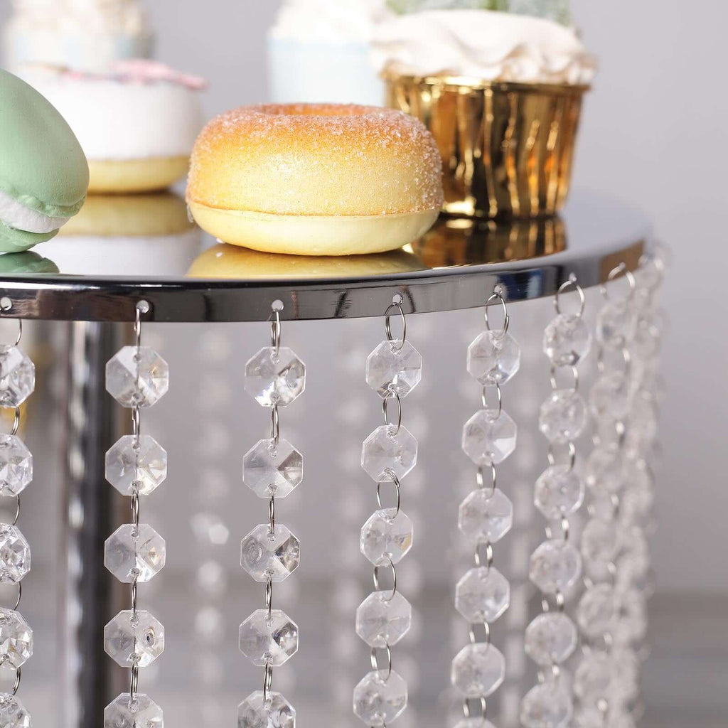 Metal Cake Stand Round Design Metallic Silver with Crystal Chains 14" Dia - Cupcake Dessert Pedestal 16"Tall - Bell Racket Store